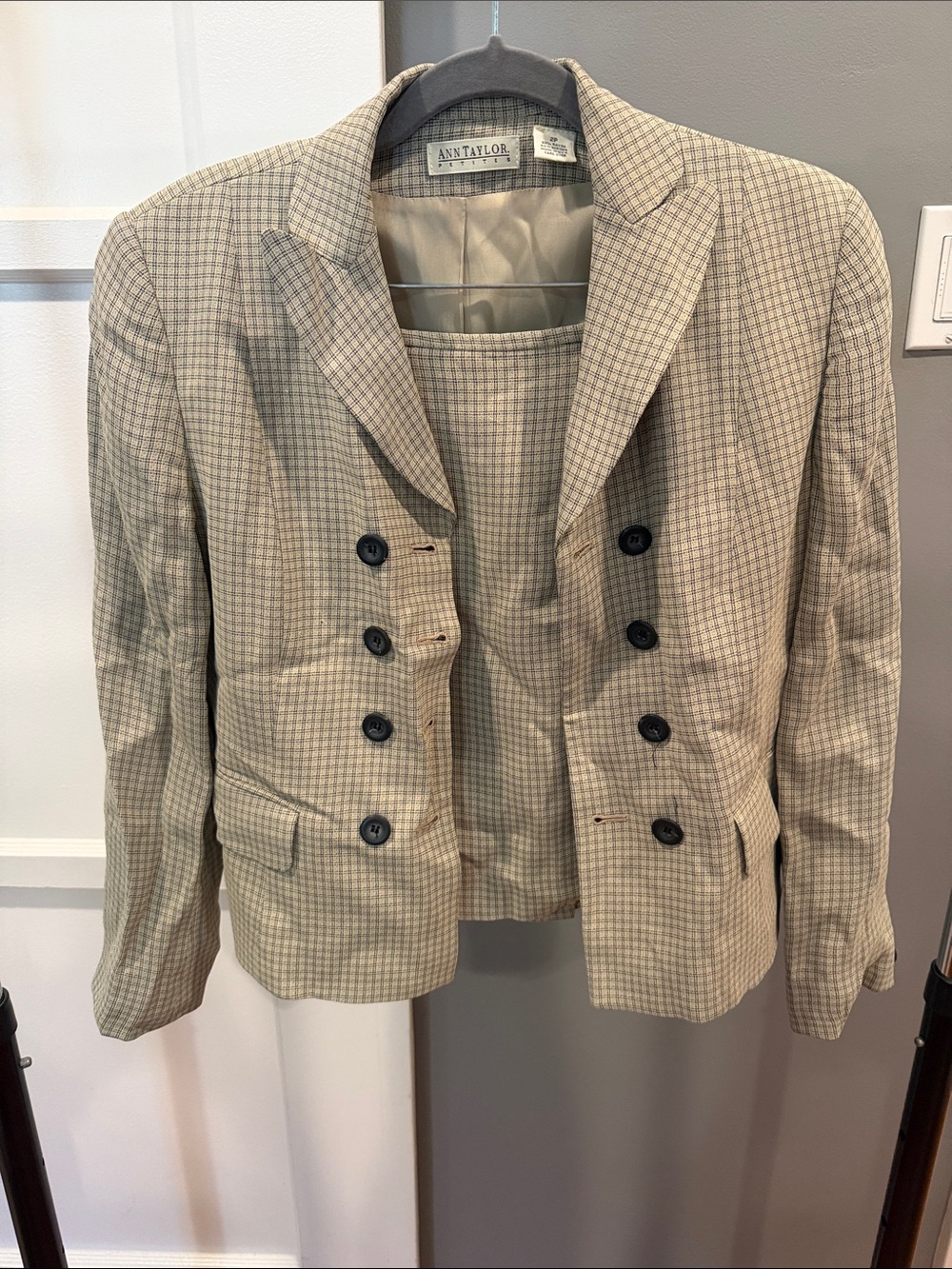 Ann Taylor Beige Plaid Double-Breasted Blazer Jacket and skirt
